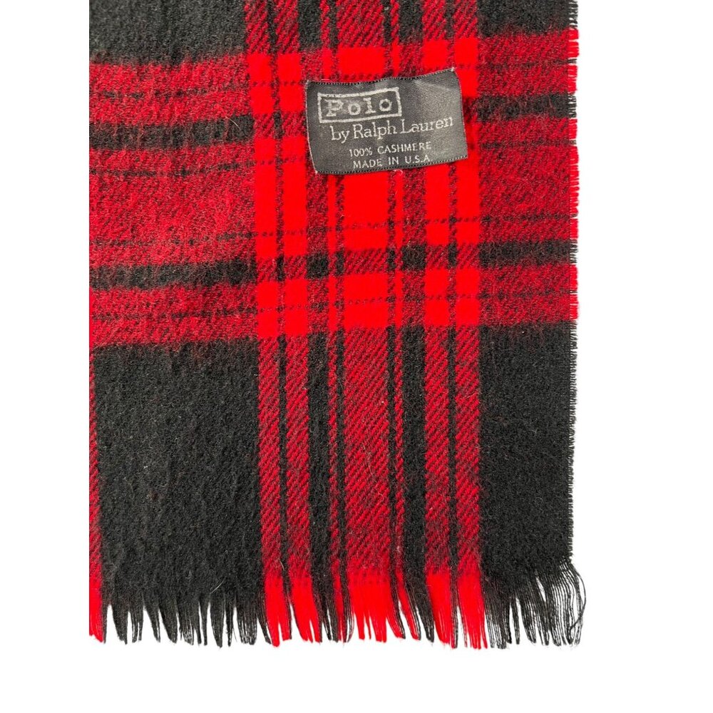Polo By Ralph Lauren Scarf Red Black Plaid Cashmere Fringe Edges Pony Logo USA